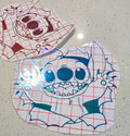 Stitch-inspired blue alien decal on a white background with bold design