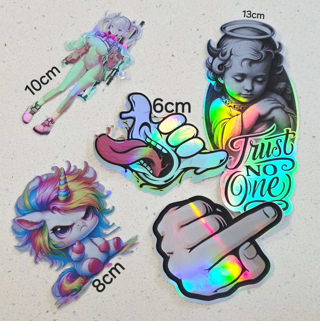 Custom print and cut stickers on glossy durable vinyl showcasing vibrant designs