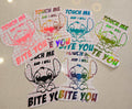 Cheeky Stitch inspired decal with "Touch Me & I Will Bite You" text, blue character design on outdoor-grade vinyl